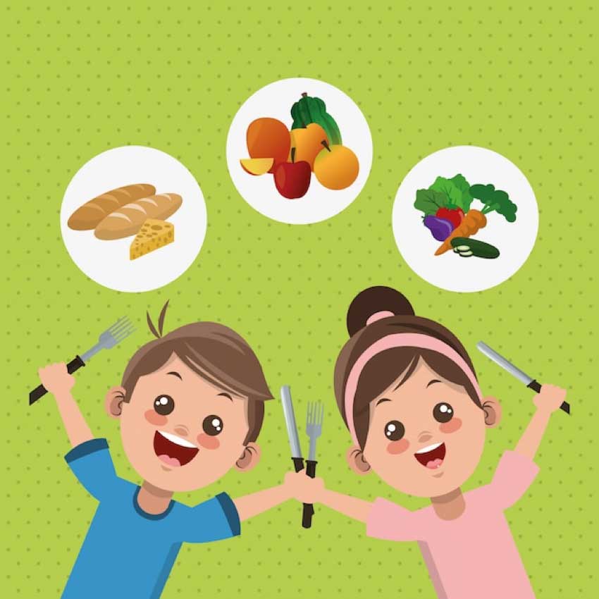 ilustración de un niño y una niña felices con tenedor imaginando comida saludable